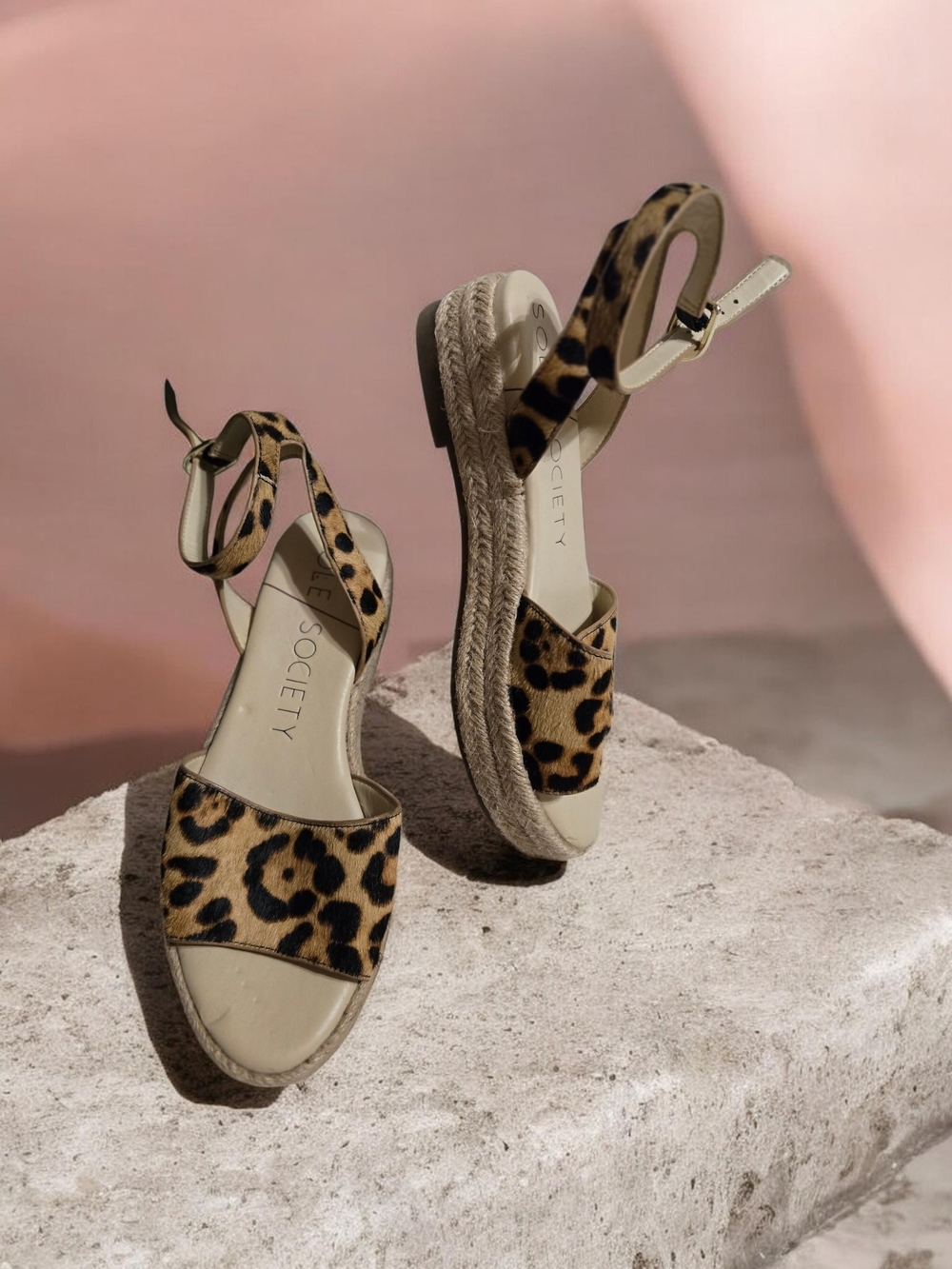 Soul Society Leopard Espadrille Ankle-Strap Sandals - Tan/Black Size 7.5 EUC